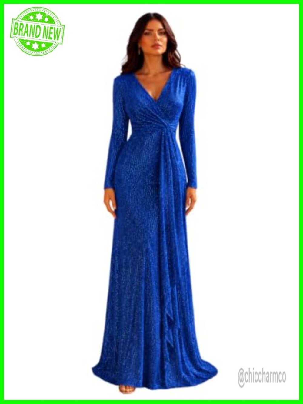 Long Sleeve Sequin V Neck Maxi Formal Dress with Slit